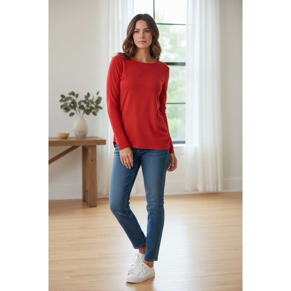 Lands End Sport Red Long Sleeve Ruched Side Tunic Top Shirt XL